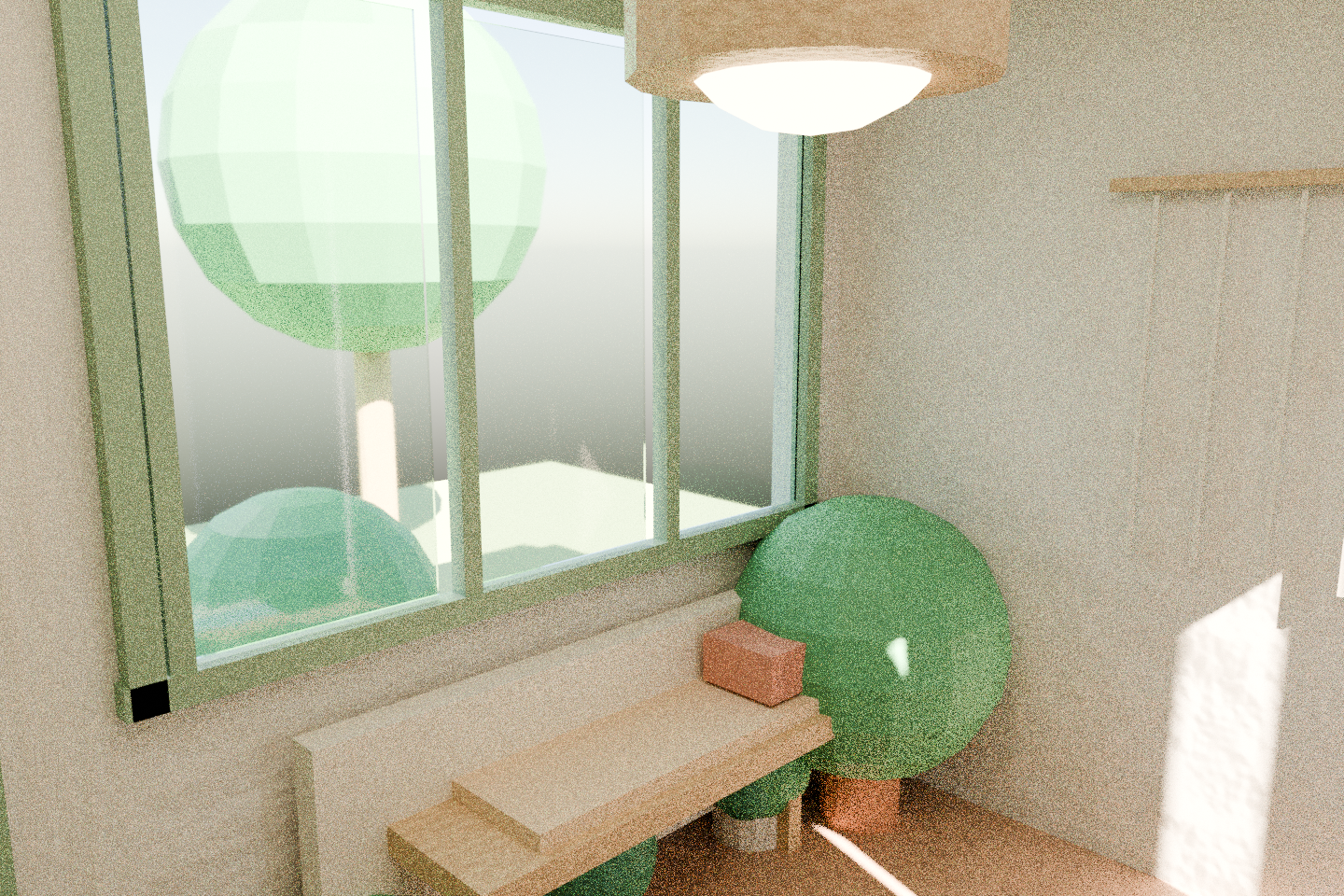 View across the office toward the green garden window
